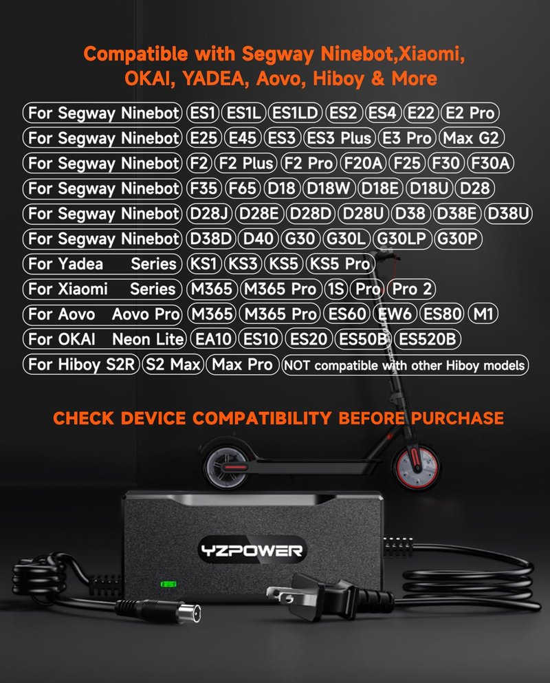YZPOWER 42V 2A Scooter Charger for Segway Ninebot, Compatible with MAX G2 G30LP E2 Pro F65 F40 F30 D28 D40 ES2 ES4 E22 E45, Replacement Power Adapter for 36V Lithium Battery, RCA Round Charging Port