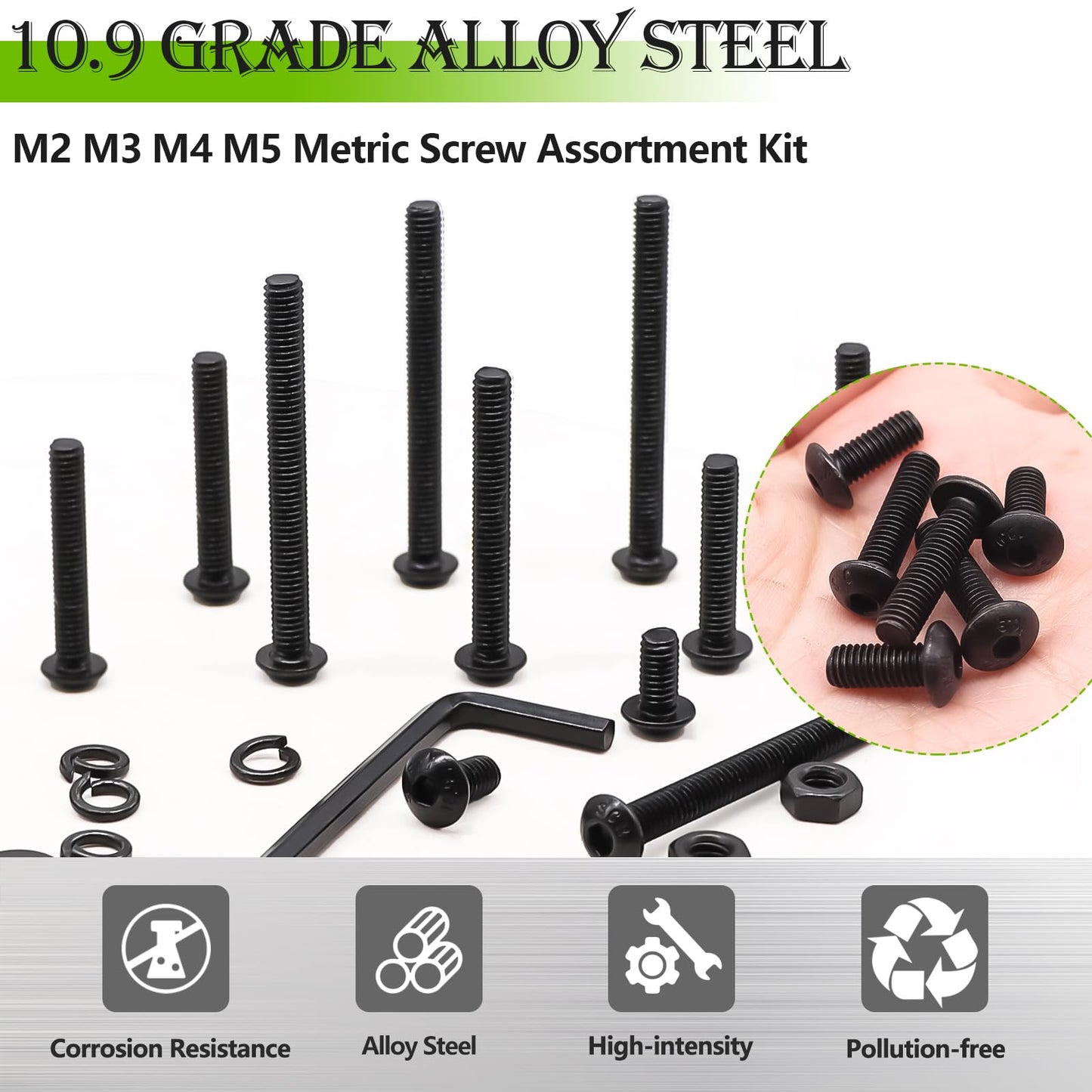 mxuteuk 888PCS Metric Screw Assortment Kit,M2 M3 M4 M5 Machine Screws,10.9 Grade Alloy Steel Metric Hex Button Head Cap Screws Nuts and Flat Washers Assortment Kit for 3D Printing