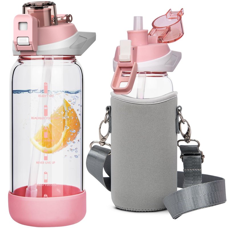 Seekua 20 oz Sports Glass Water Bottle with Straw & Time Marker, Motivational Kids Daily Glass Drinking Bottle with Strap for Children, School