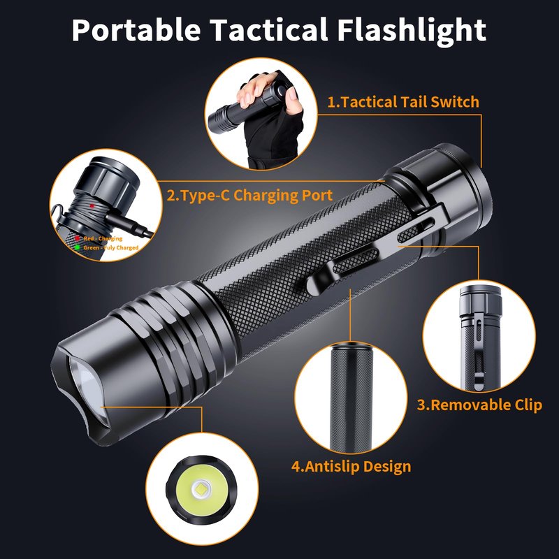 KunHe Tactical Flashlight High Lumens Rechargeable Duty Flashlight with Belt Holster Bright LED Police Flash Light with 4 Modes Long Lasting IPX7 Water Resistant for Security Camping and Emergency