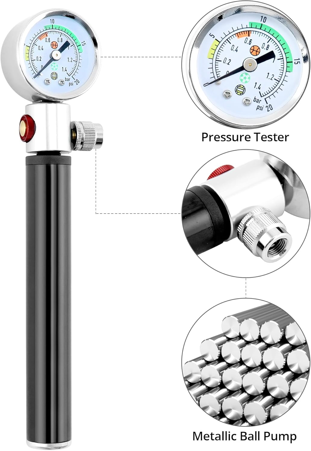 QWORK Sports Ball Air Pump - Powerful Hand Pump with Pressure Gauge for Basketball, Volleyball & Soccer | Black