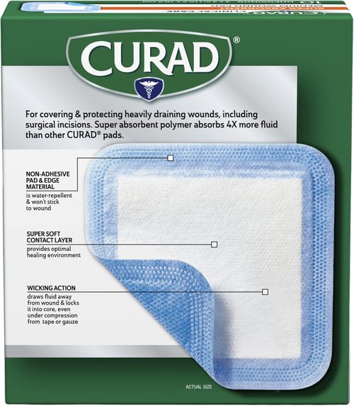 Curad Super Absorbent Wound Pads - Medium Size 4" x 4" | 10 Count for Maximum Protection