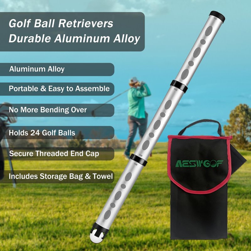 AESWGOF Golf Ball Picker Upper Tube, Durable Aluminum Alloy Golf Ball Retriever, Holds 24 Golf Balls, with Carry Bag, Ball Towel & 2 Secure Twist-On Caps