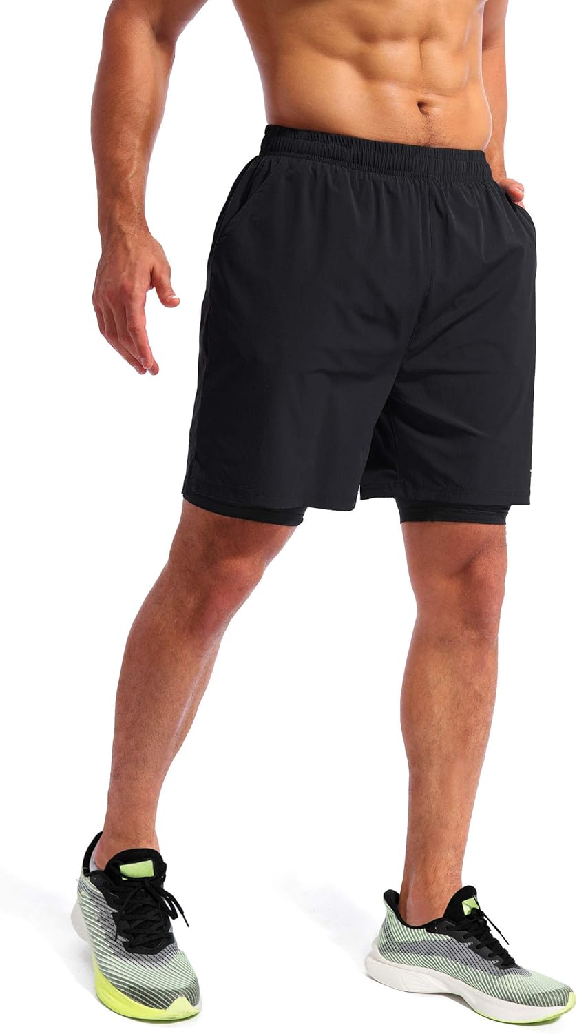 Pudolla Men's 2-in-1 Running Shorts - Quick Dry Athletic Workout Shorts with Phone Pockets | 5" Length