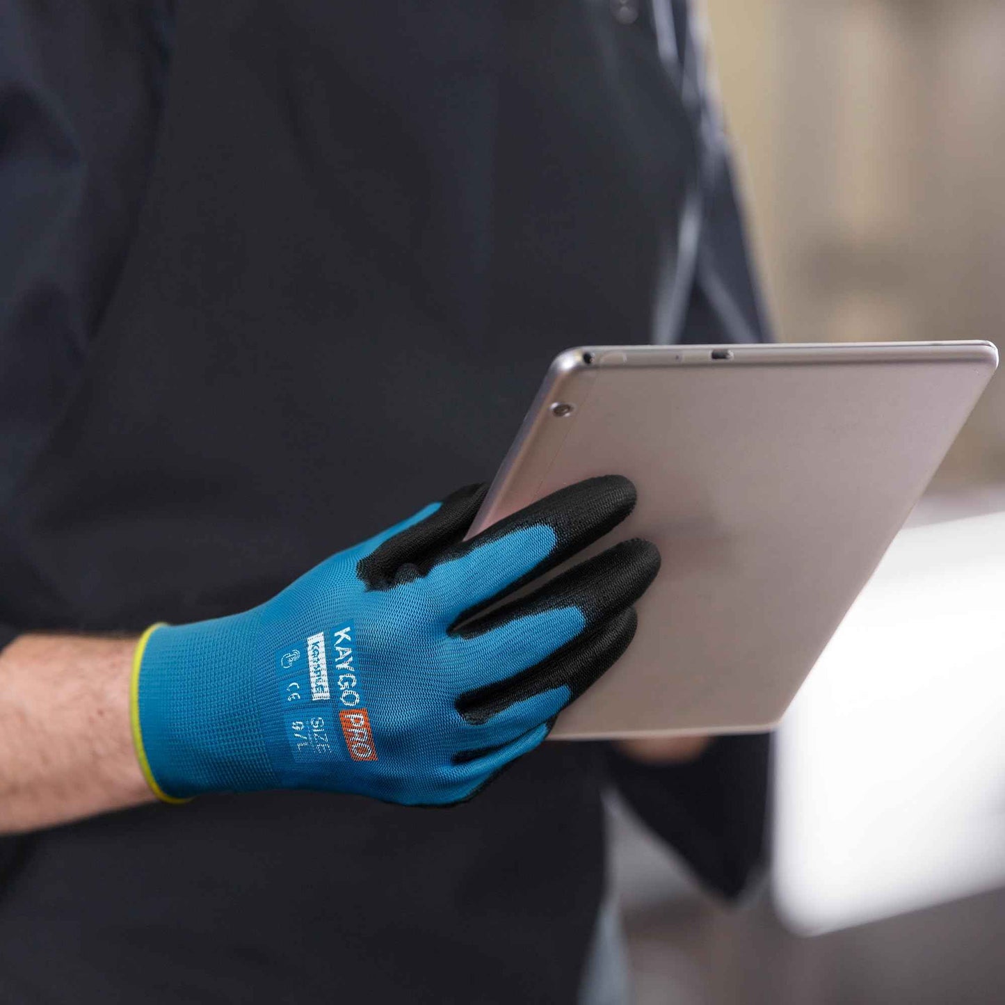 KAYGO Safety Work Gloves PU Coated for Men and Women, KG11P 12 Pairs Seamless Knit Glove with Two Fingers Touchscreen,Ideal for General Duty Work (Blue,M)