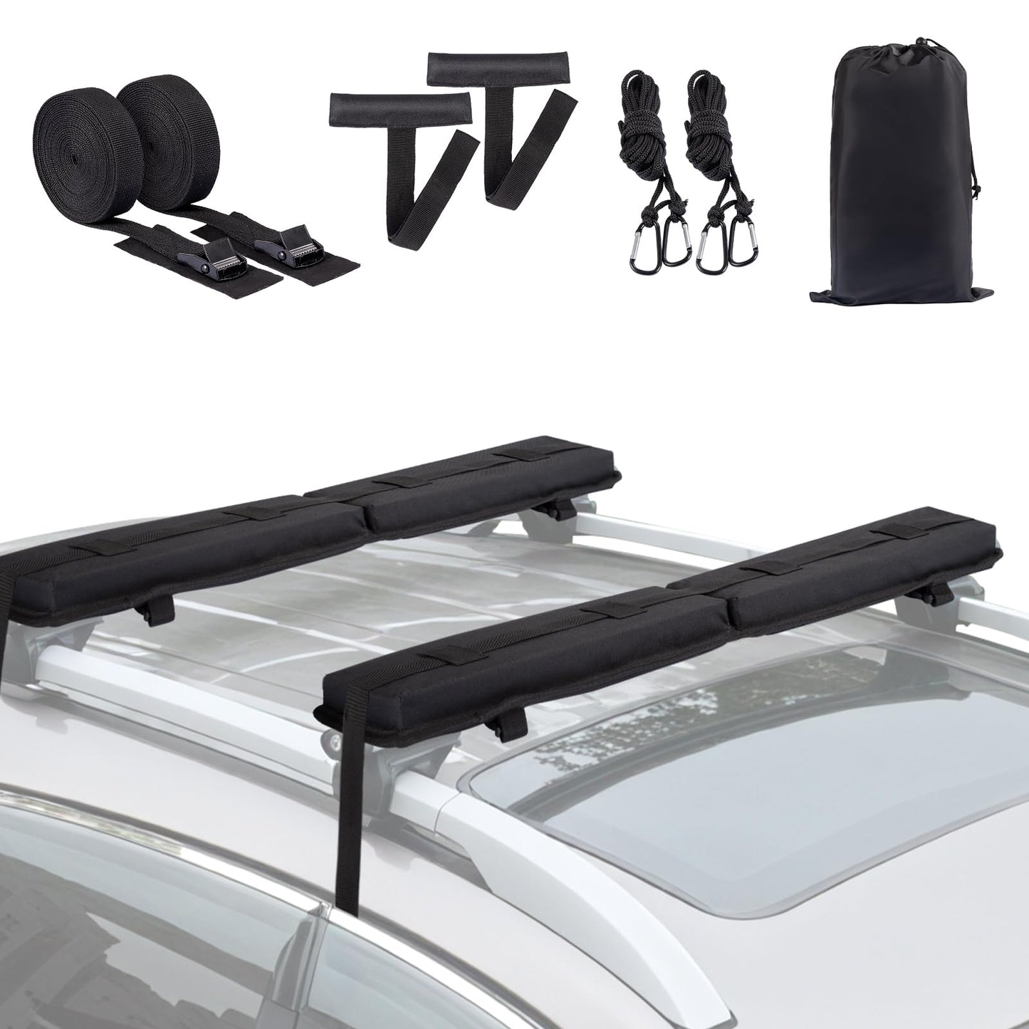 ChimimeDecor Universal Soft Roof Rack Pads 30“ Luggage Carrier System for Kayak,Surfboard, SUP, Canoe, Snowboard with 2 Tie Down Straps, 2 Tie Down Ropes, 2 Hood Loops and Storage Bag(Black)