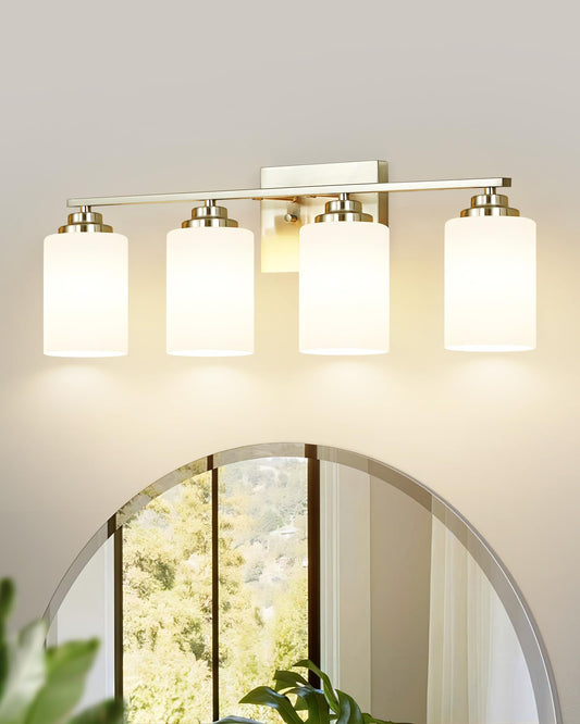 Osimir 4-Light Bathroom Light Fixtures, Brushed Nickel Bathroom Vanity Lighting Fixtures Over Mirror with Milky Glass, Modern Wall Sconce Lights for Bath, OS-JJ8301-4BN
