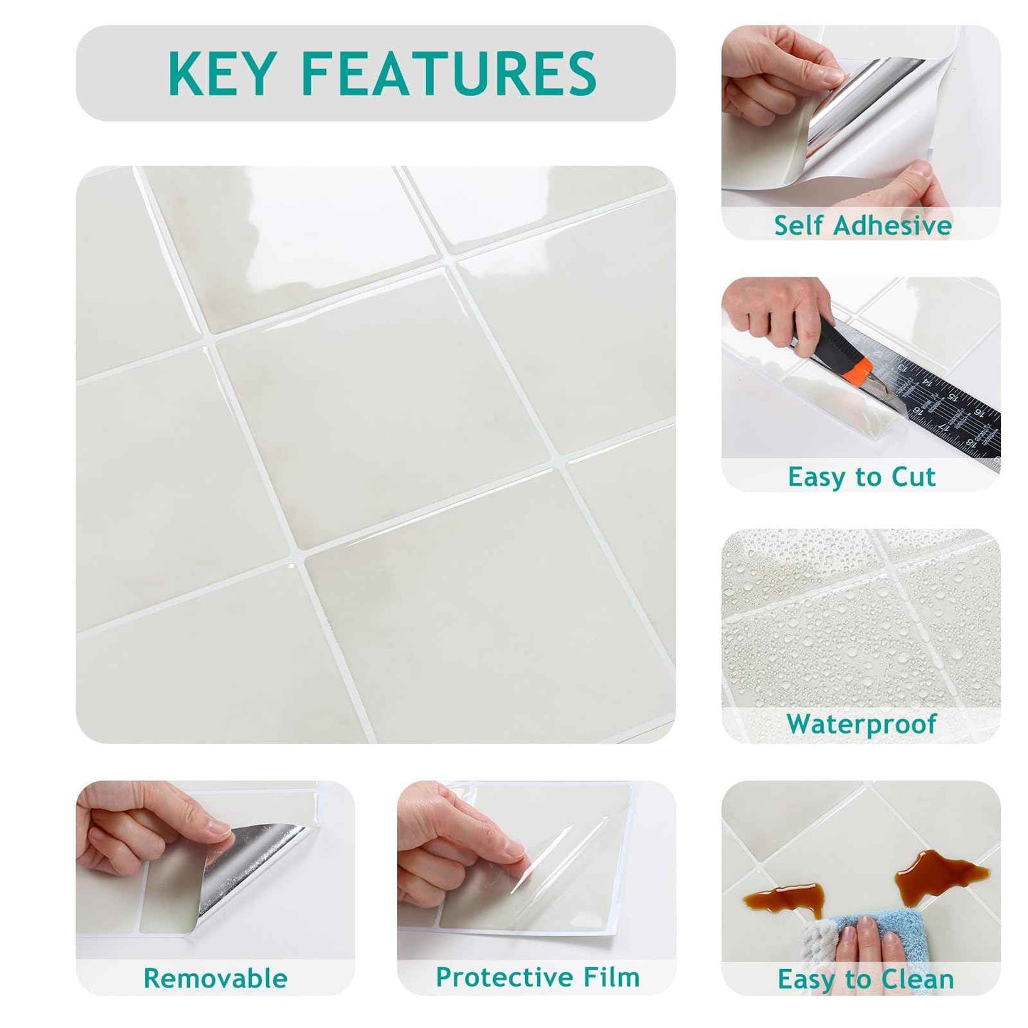 VEELIKE Cream Beige Peel and Stick Backsplash for Kitchen Square Peel and Stick Tile Backsplash 6 Sheets Self Adhesive Back Splash Tiles for Bathroom Waterproof Ceramic Wall Tile Stickers 12''x12''