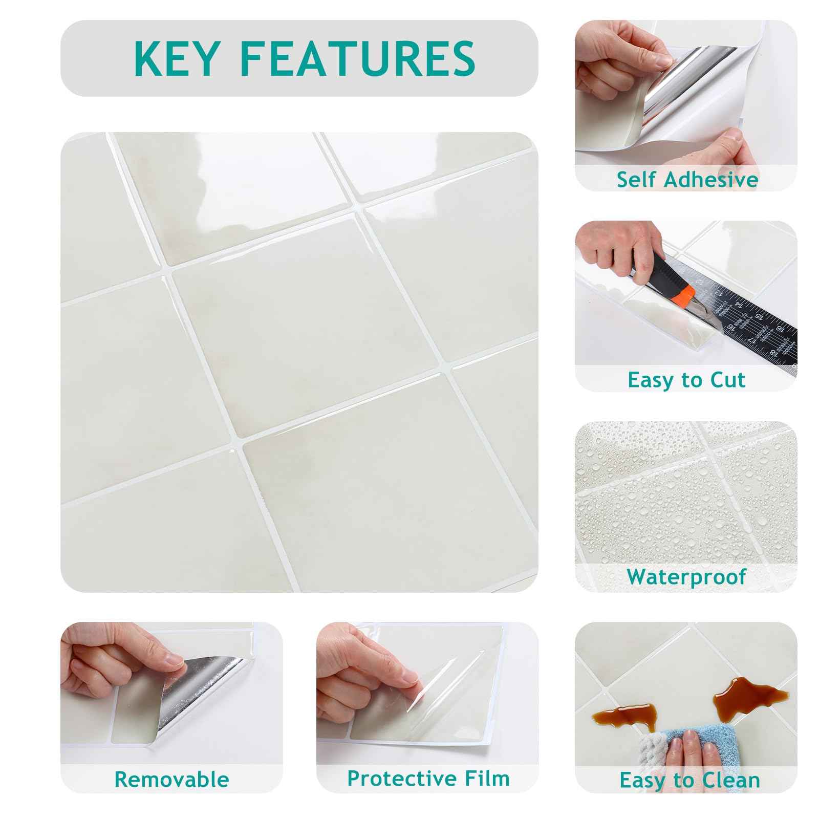 VEELIKE Cream Beige Peel and Stick Backsplash for Kitchen Square Peel and Stick Tile Backsplash 6 Sheets Self Adhesive Back Splash Tiles for Bathroom Waterproof Ceramic Wall Tile Stickers 12''x12''