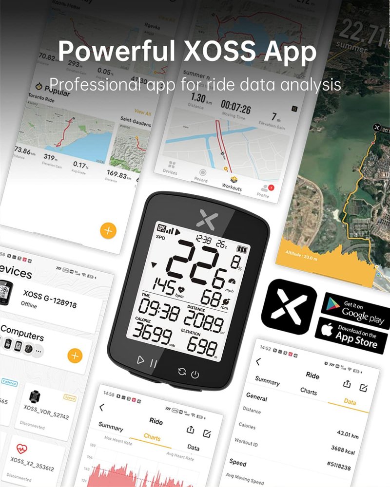 XOSS G+ Gen2 GPS Bike Computer ANT+/ Bluetooth IPX7 Cycling Computer Rechargeable Speedometer Odometer with 2.2 inch LCD Screen, 28 hrs Long Battery Life with Vortex Speed Cadence Sensor-2 Pack