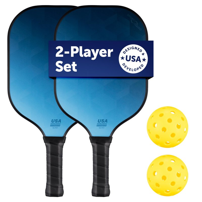 Sport Squad 2-Player Pickleball Paddle Set - 2 Fiberglass/Graphite Paddles & 2 Long-Lasting Outdoor Balls - Designed to Maximize Power Skill Levels - USAP Approved - Kids + Adults
