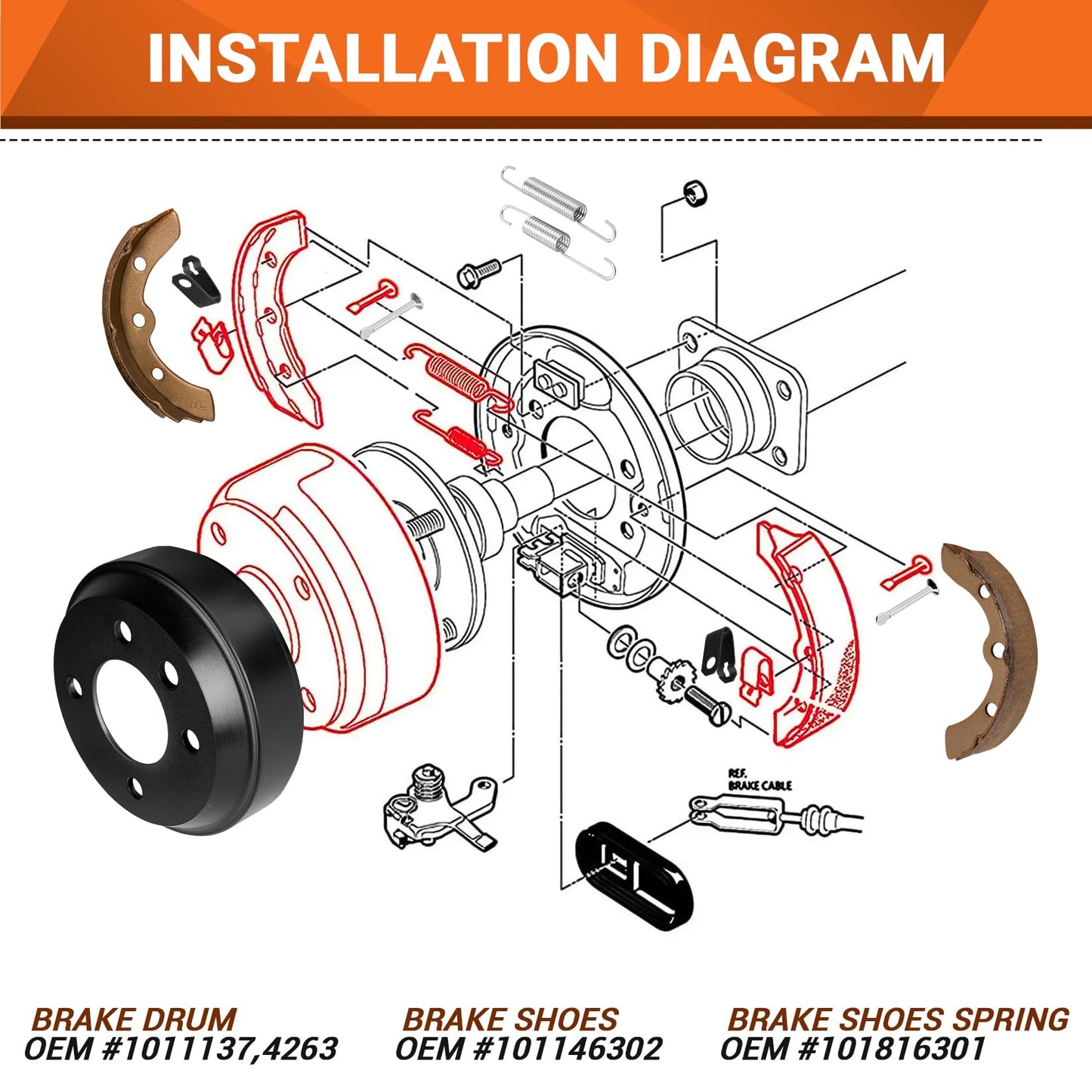 DRIVE UP Golf Cart Brake Hub Drum with Brake Shoes and Brake Spring Kit fit Club Car DS 1981-1994 Models, Replaces OEM 1011137 101146302 101816301