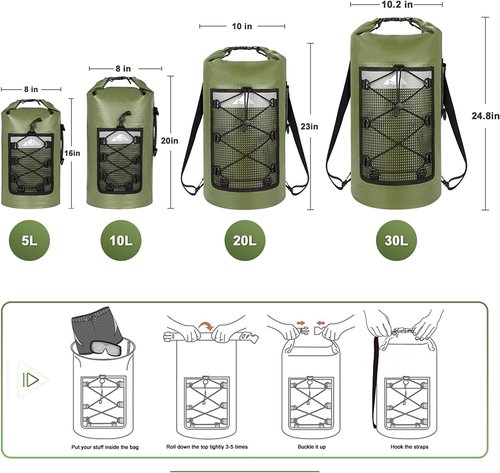 HEETA Waterproof Dry Bag - Lightweight Roll Top Storage Backpack with Phone Case | 30L Green