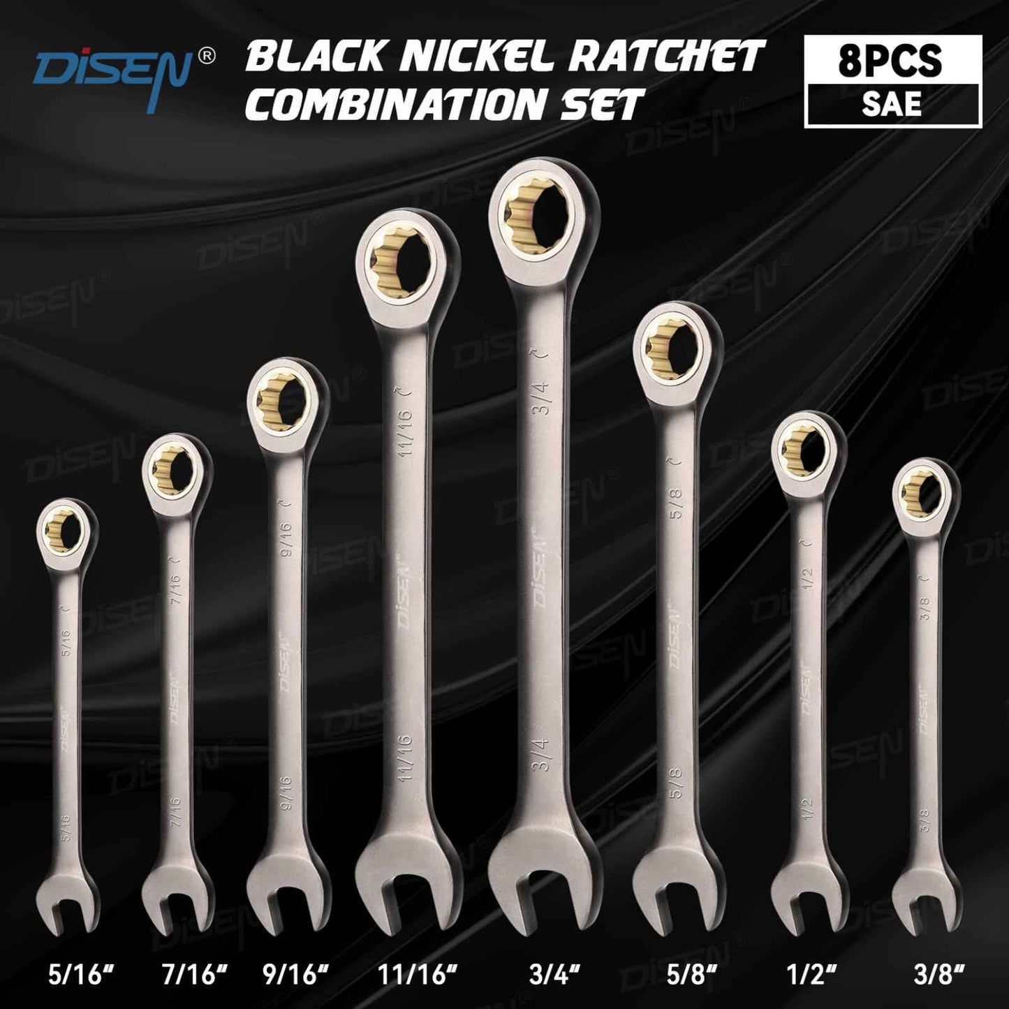 DISEN Ratcheting Wrench Set SAE Upgraded Open&Box End 90 Teeth 5/16", 3/8", 7/16", 1/2", 9/16", 5/8", 11/16", 3/4" Combination Ratchet Wrenches with Organizer, Black Nickel Coated,CR-V Steel (8PCS)
