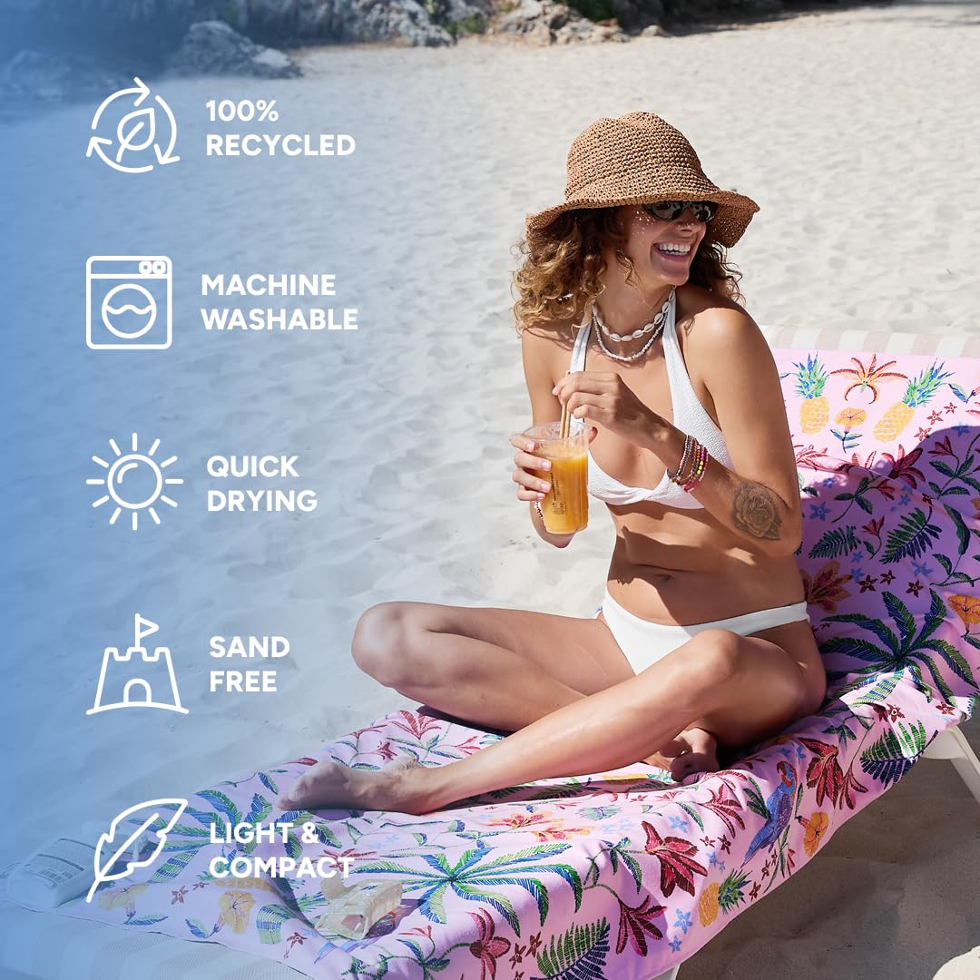Dock & Bay Beach Towel - Quick Dry, Sand Free - Compact, Lightweight - 100% Recycled - Includes Bag - Pink Paradise - Large (160x90cm, 63x35)