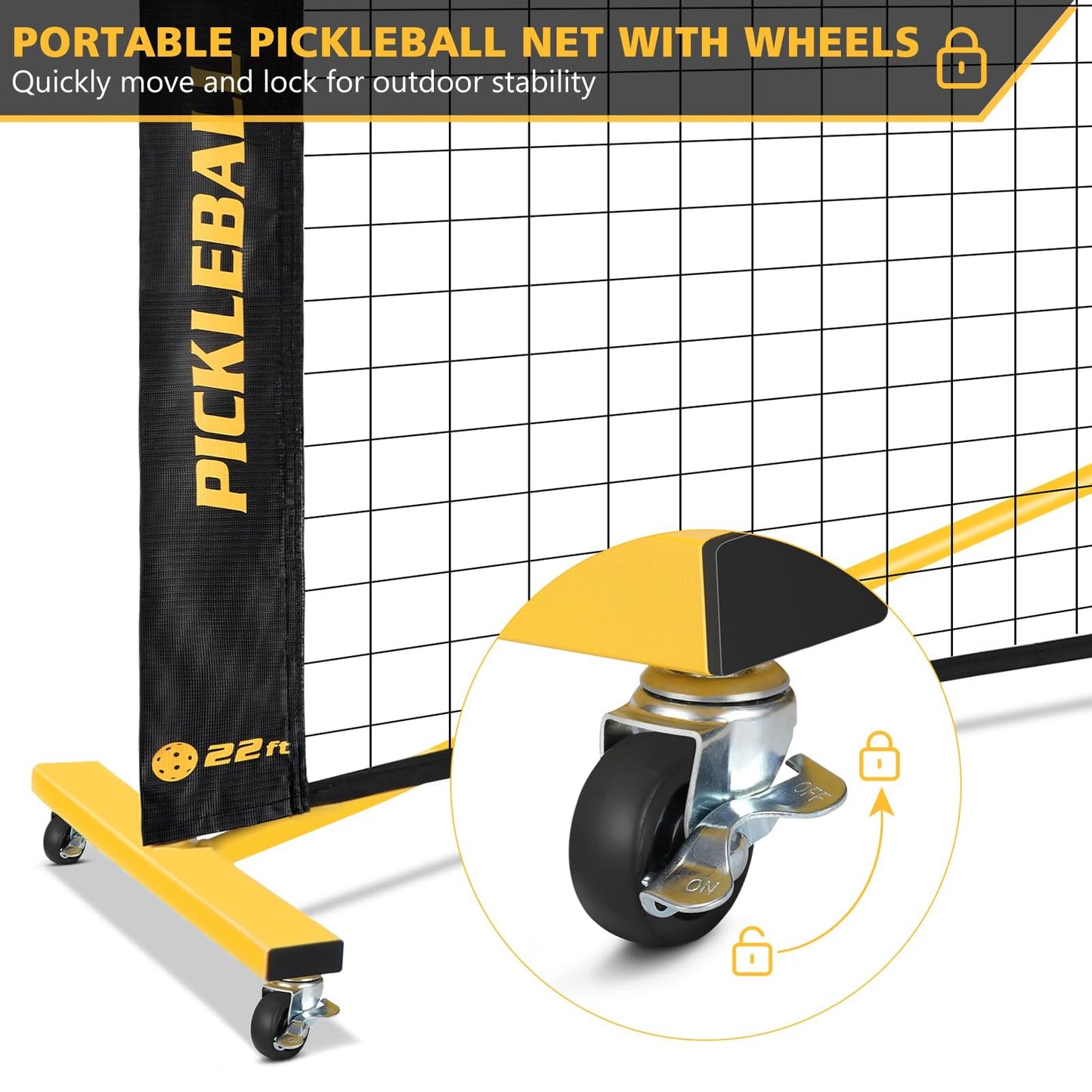 Portable Pickleball Net Set with Wheels, Regulation Size 22 FT & Half Court 11 FT, Steady Metal Frame Pickle Ball Net Set System with Carry Bag for Backyards, Driveways, and Garages