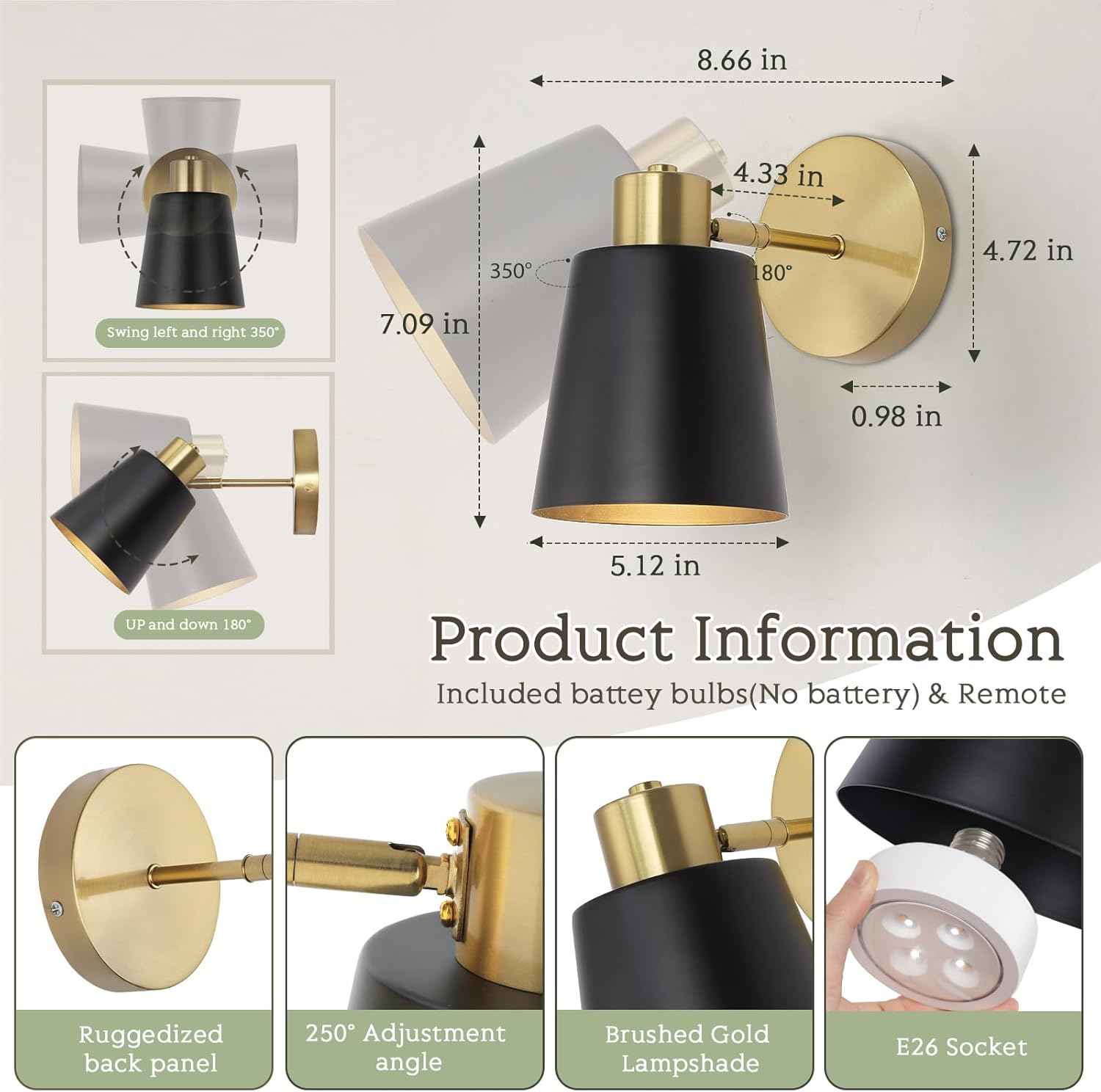 Battery Operated Wall Sconce Set of 2 - Modern Wireless Vintage Black & Gold Lamps with Remote Control for Living Room & Bathroom
