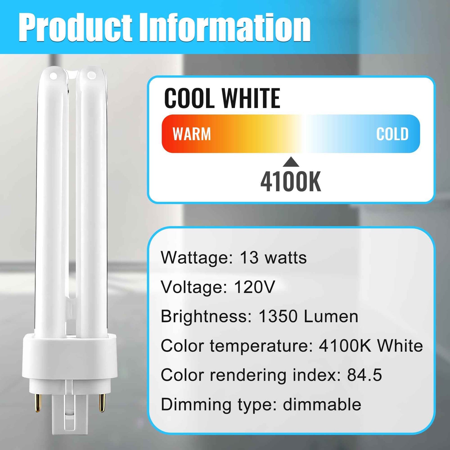 Saillong 8 Pack PLC-13W 4 Pin G24q-1, 4100K White Dimmable Compact Fluorescent Light Bulb, Double Tube, Compatible with Sylvania 20667, GE 97597