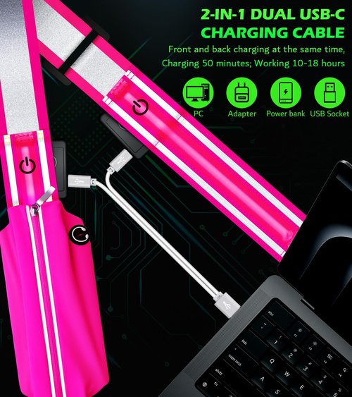 LED Belt Reflective Sash for Walking at Night,High Visibility Adjustable Night Running Safety Gear,Light Up Running Belt Reflective Gear with Phone Bag/Armband for Runners Walkers Men Women (Pink)