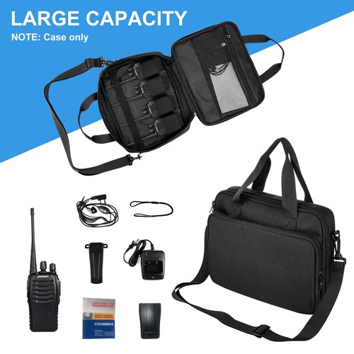 Homakover Large Walkie Talkie Case Bag with Shoulder Strap, Walkie Talkie Rechargeable Handheld Two Way Radios Carrying Box, Accommodate 4 Walkie Talkies and Accessories, Black (Bag Only)