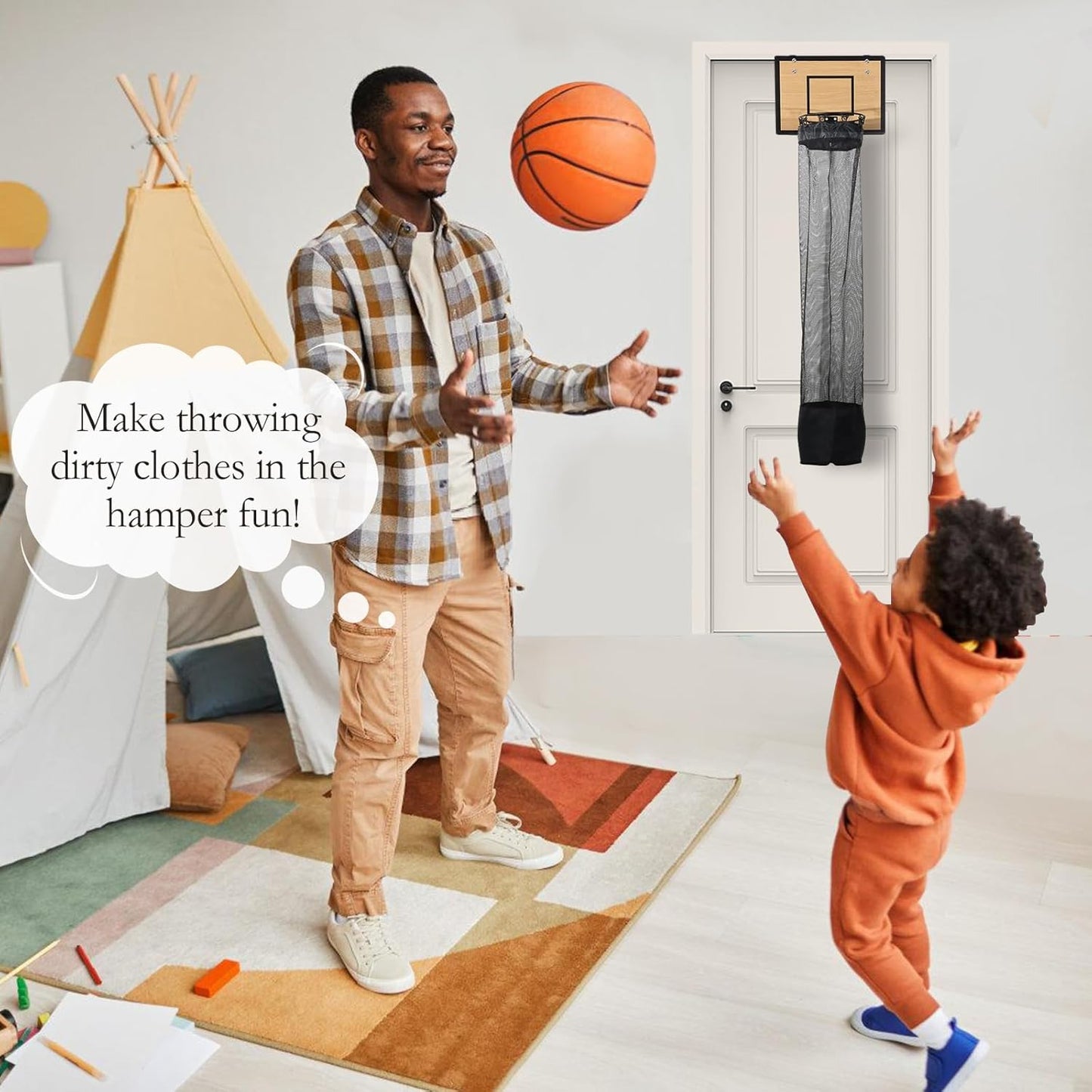 Skiennix Over The Door Basketball Hoop Laundry Basket - Wooden Hamper with Zipper for Kids' Rooms & Dorms