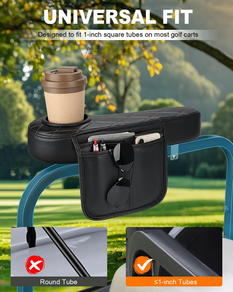 SKYJDM Golf Cart Armrest with Cup Holder & Rear Seat Organizer, No Drilling Golf Cart Diamond Arm Rest Fits 1" Square Tube Frame Compatible with EZGO Club Car Yamaha, Enhanced Storage & Comfort