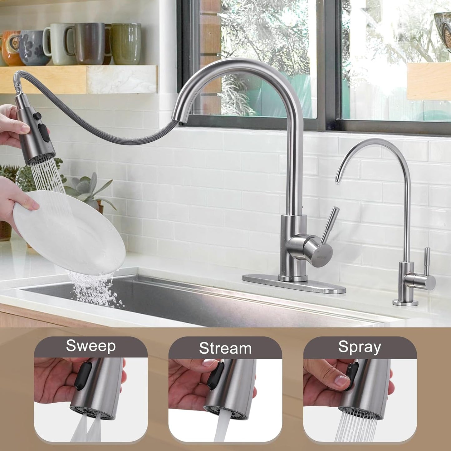 Stainless Steel Kitchen Faucet Combo with Water Filter - Brushed Nickel Sink Faucet for RO Systems