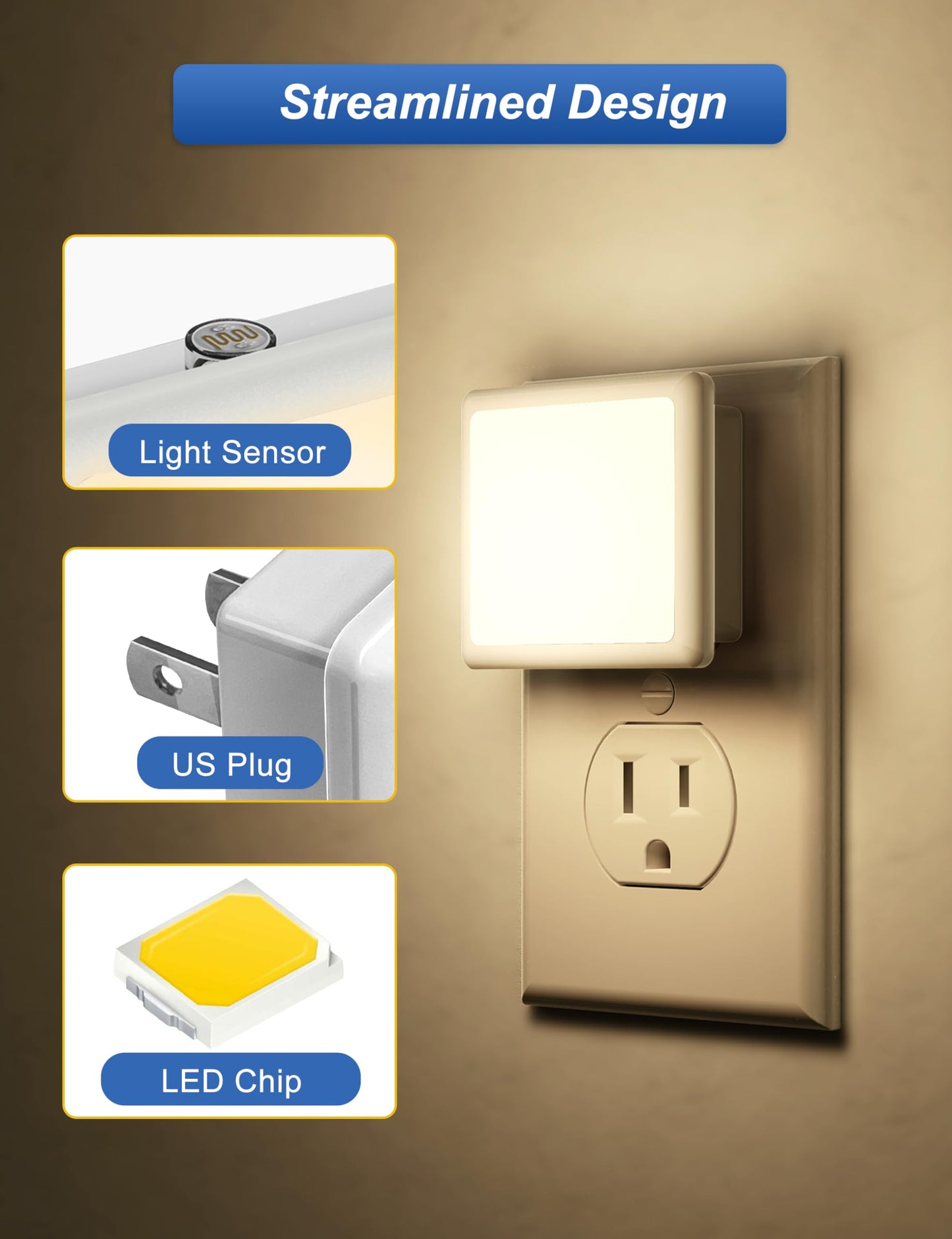 Night Lights Plug into Wall, LED Night Light with Dusk-to-Dawn Light Sensor, 0.3W Warm White Plug in Night Light for Kids, Bedroom, Adults, Bathroom, 2 Pack, Non-dimmable