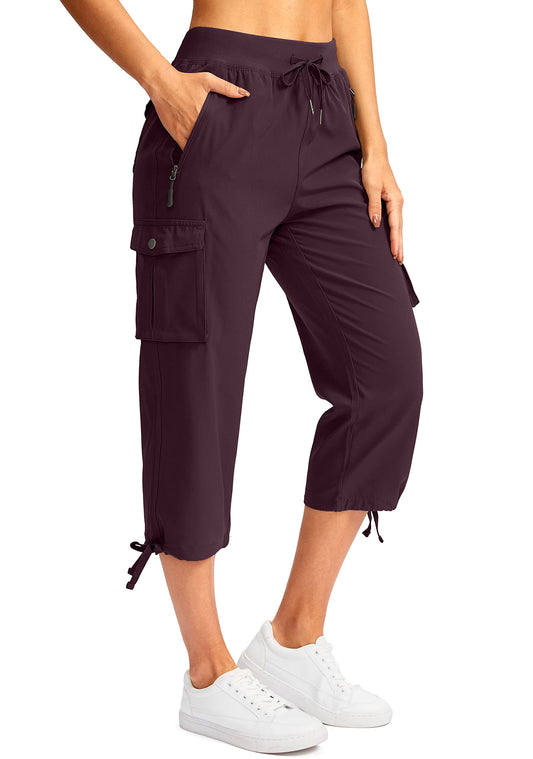 Soothfeel Women's Cargo Capris Pants with 6 Pockets Lightweight Quick Dry Travel Hiking Summer Pants for Women Casual (Wine, M)