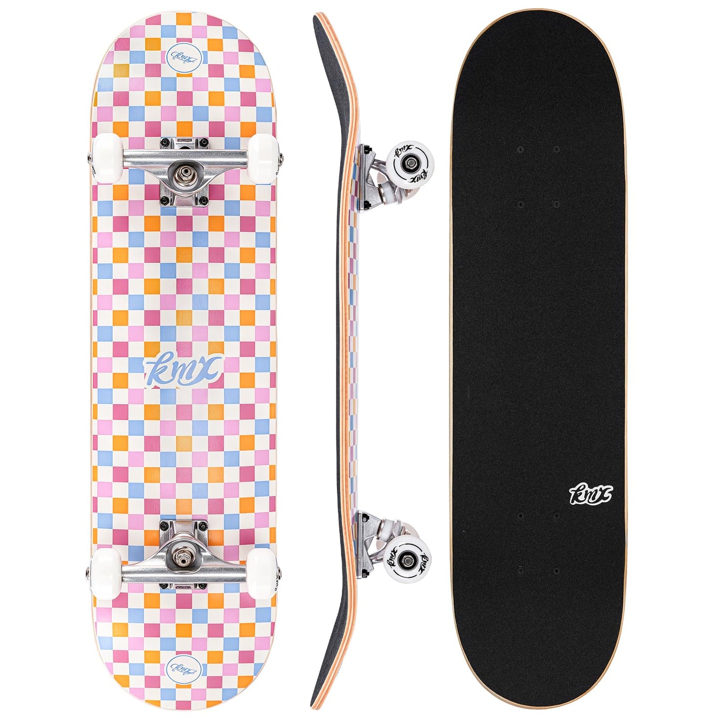 KMX Complete 31" x 8" Skateboard for Beginners, 7-Layer Canadian Maple Double Kick Concave Deck| Aluminum Alloy Trucks | 31 Inch Pro Skate Board for Girls, Kids, Teens, Adults(Pink Checker)