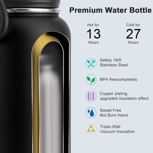 Koodee Insulated Water Bottle - 18 oz Stainless Steel Double Wall Vacuum with Leakproof Spout Lid | Black