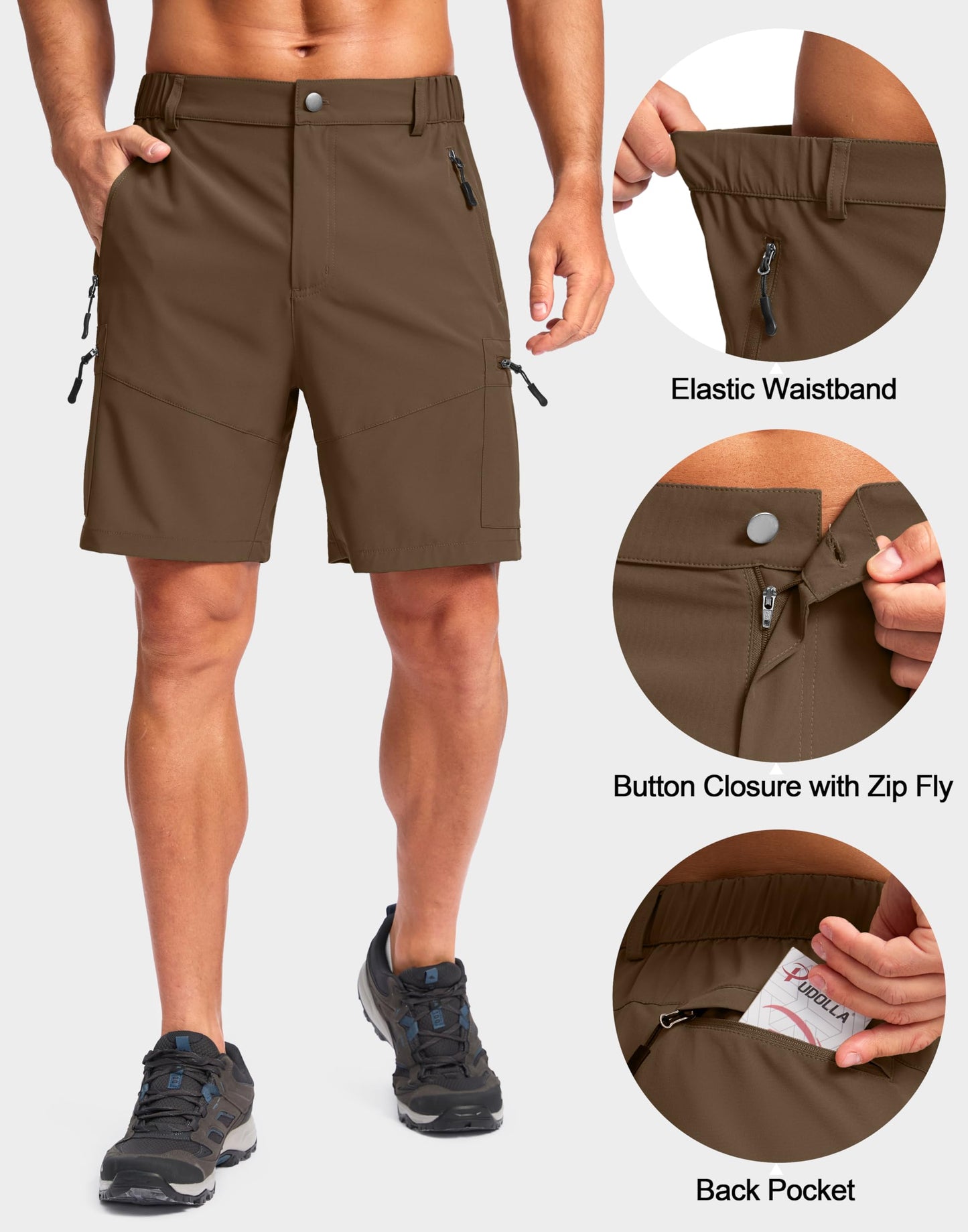 Pudolla Men's Hiking Cargo Shorts Lightweight 7" Travel Casual Shorts for Men Golf Work Outdoor with 5 Zipper Pockets(Brown Medium)