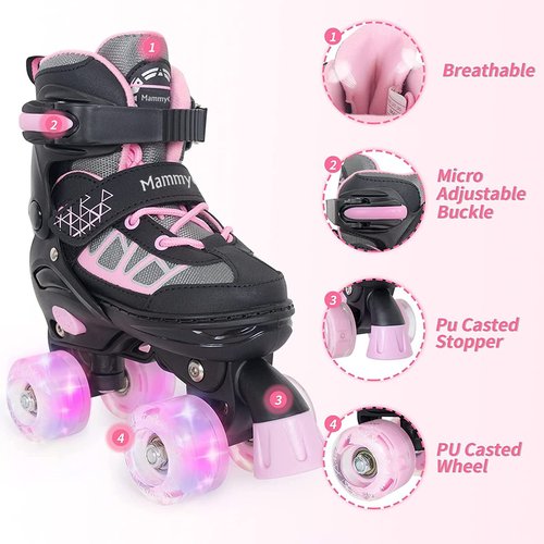 MammyGol Roller Skates for Kids Boys Girls, Adjustable Quad Skates with Light Up Wheels for Toddler Big Kids Ages 6-12 Size 3 4 5 6, Beginners Outdoor Sports, Pink