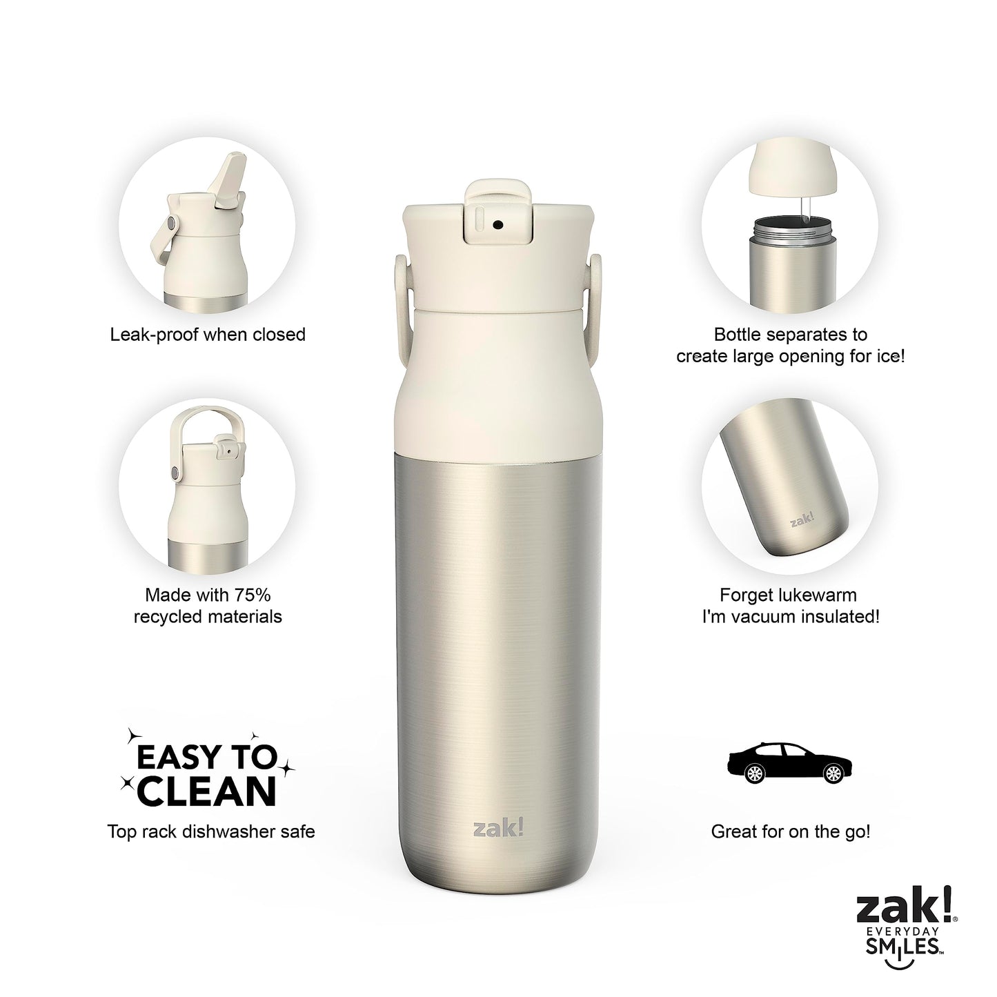 Zak Designs Harmony Water Bottle for Travel or At Home, 32oz Recycled Stainless Steel is Leak-Proof When Closed and Vacuum Insulated with Straw Lid and Carry Handle (Ivory White)