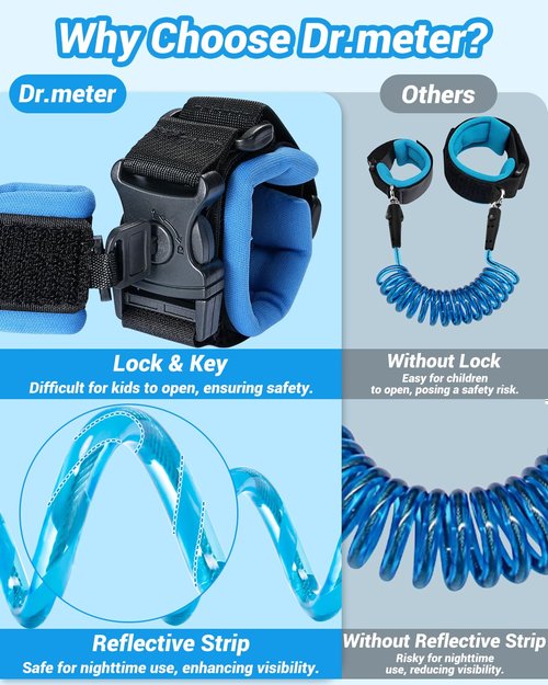 Dr.meter Toddler Leash - 2 Pack Safety Anti-Lost Wrist Link with Key Lock | Reflective Child Harness, 8.2ft Blue & 4.92ft Orange