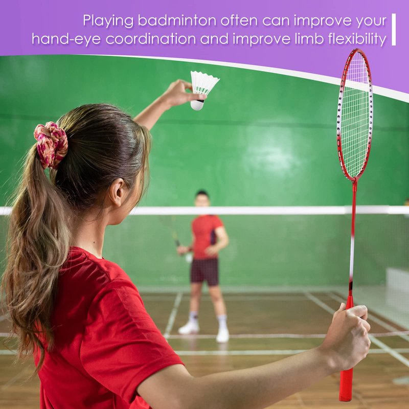 Meooeck 12 Pcs Badminton Rackets Set for Adults and Teenagers Badminton Set with 12 Pcs Nylon Shuttlecocks for Backyard Gym Beach Outdoor Games, Red, Purple and Blue