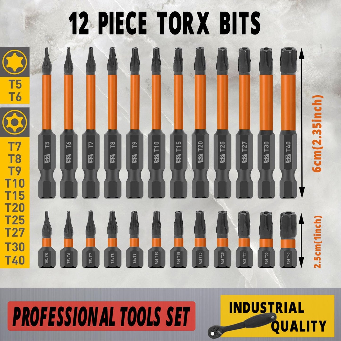12-Piece Tamper Resistant Torx Bits Set, 60mm Impact Driver Bit Set, Drill Hex Bit Set T5 - T40