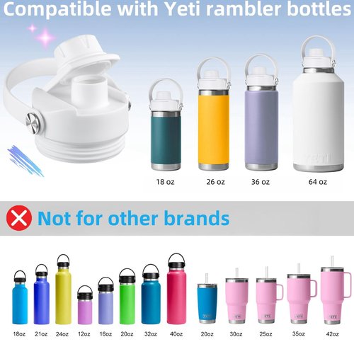 Lid for Yeti Rambler 26 36 64 oz, Cap with Flexible Handle, Replacement Chug Lids for Yeti Jr 12 18 Ounce Kids Sports Water Bottles, Water Bottle Accessories Top, White