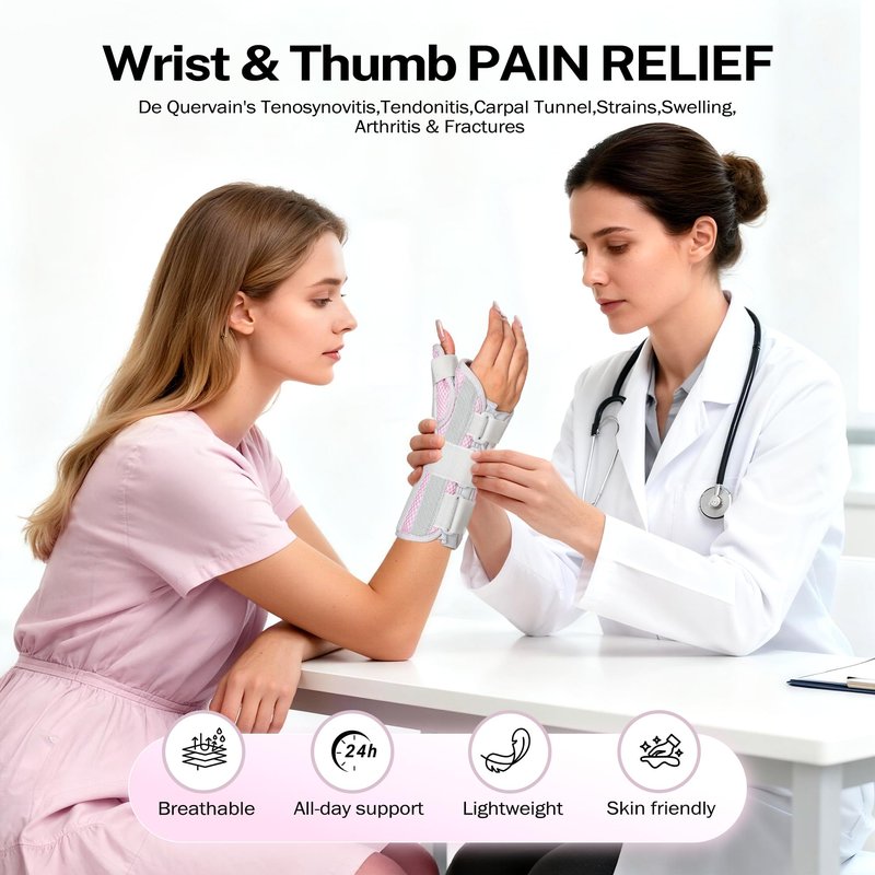 Medibot Wrist & Thumb Brace for Day & Night Support - Adjustable Spica Splint for Carpal Tunnel, De Quervain's, Tendonitis Pain Relief and Arthritis, R/M Size Pink for Men & Women