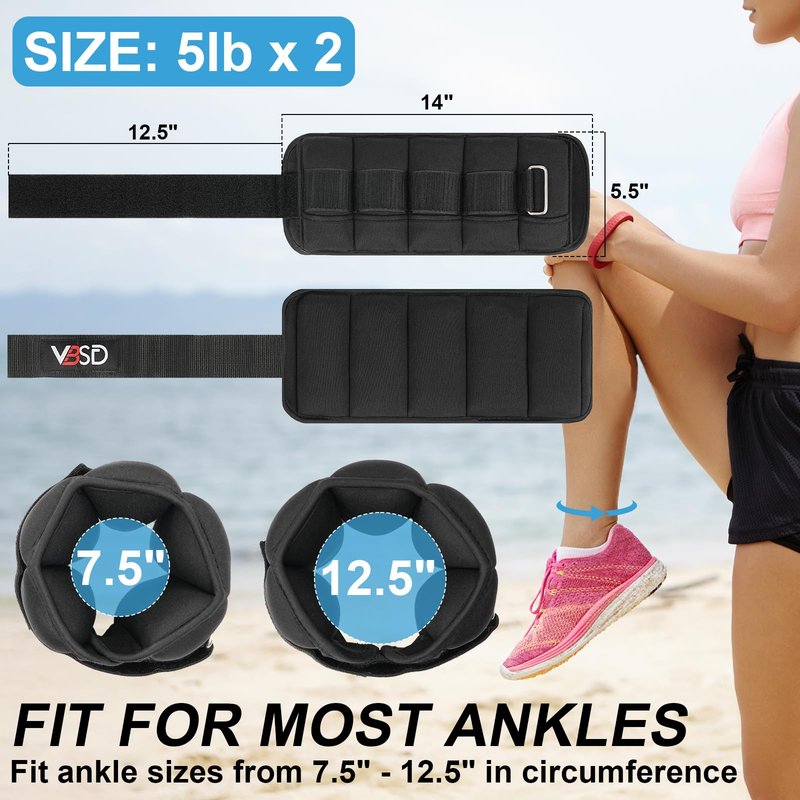VBSD Adjustable Ankle Weights for Men Women, 10lb 1 Pair Leg Weight Straps, Weighted Ankle Weights Set for Gym, Yoga, Jogging, Walking, Aerobics, 1-5 lbs Each Ankle, 1 Pair 2-10 lbs