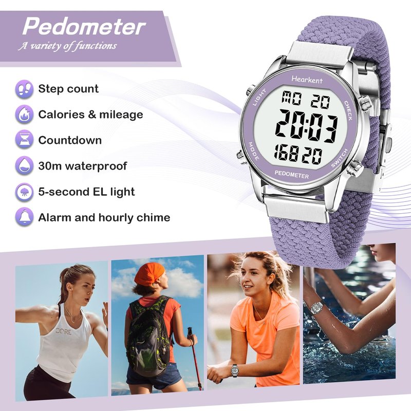 Hearkent Women Pedometer Watch for Walking Steps and Miles-Step Counter for Calories,30M Waterproof-EL Backlight-Countdown-Stopwatch-No App Step Tracker for Adults Seniors(Purple)