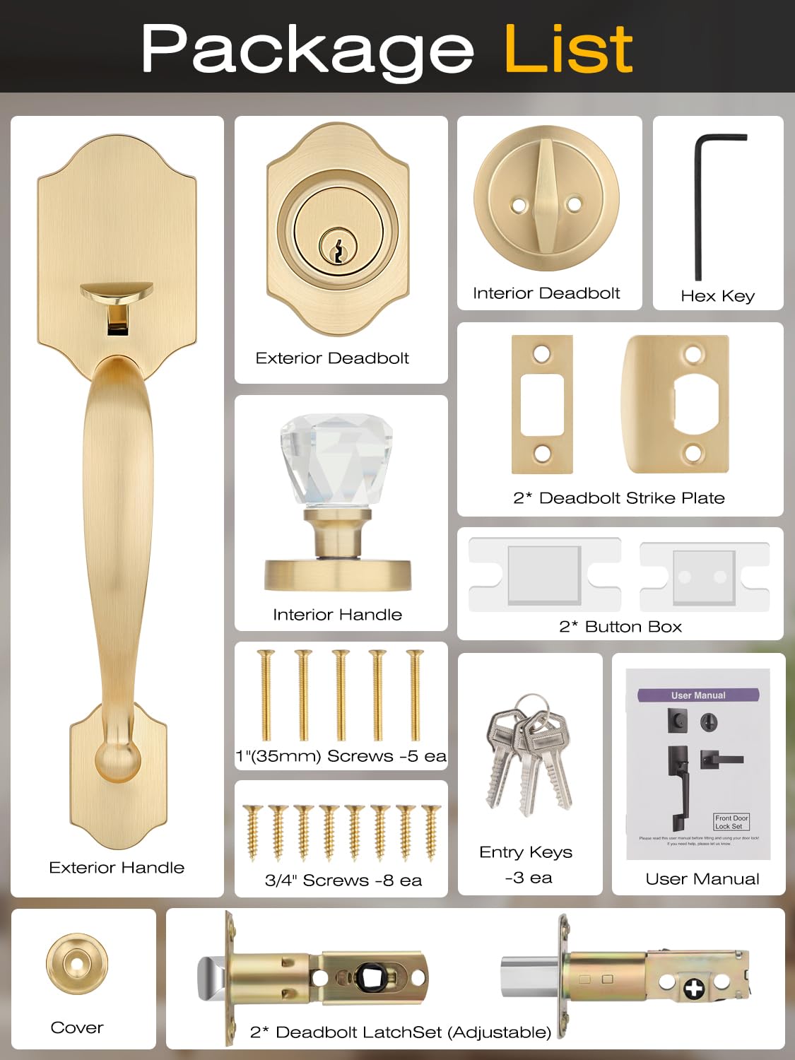 EHOMEWARE 1 Pack Front Door Lock Set, Exterior Door Handle Gold, Entry Door Locksets with Deadbolt, Front Door Handle, Glass Door Knobs, Reversible for Left & Right Doors, Satin Brass Finish