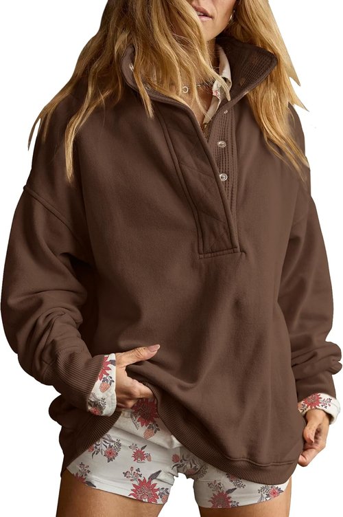 Gacaky Oversized Casual Sweatshirt for Women - Long Sleeve Button Henley Neck Pullover Top