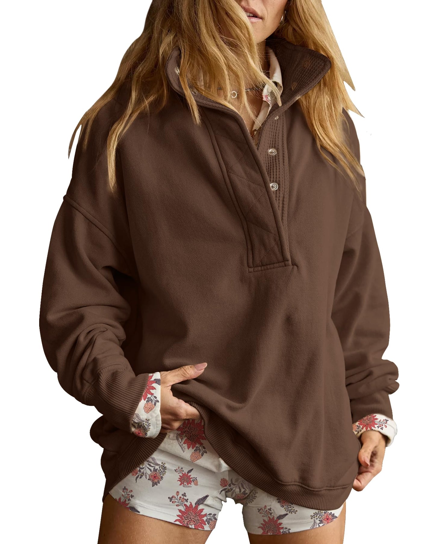 Gacaky Sweatshirt for Women Oversized Casual Long Sleeve Button Henley Neck Pullover Tops Fashion Outfits Clothes Coffee XS
