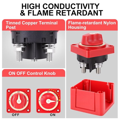 Akozon Battery Disconnect Switch - 300A 3 Position Dual Circuit Selector | IP66 Waterproof for Marine, RV, Truck, Car