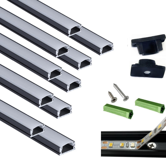 THMOOTHER 10-Pack 6.56FT Pre-Drilled Countersunk Hole LED Strip U Channel Diffuser, Matte Black Flush Mounted Under Cabinet Tape Light Aluminum Low Profile with Milky Cover (10, 6.56FT)