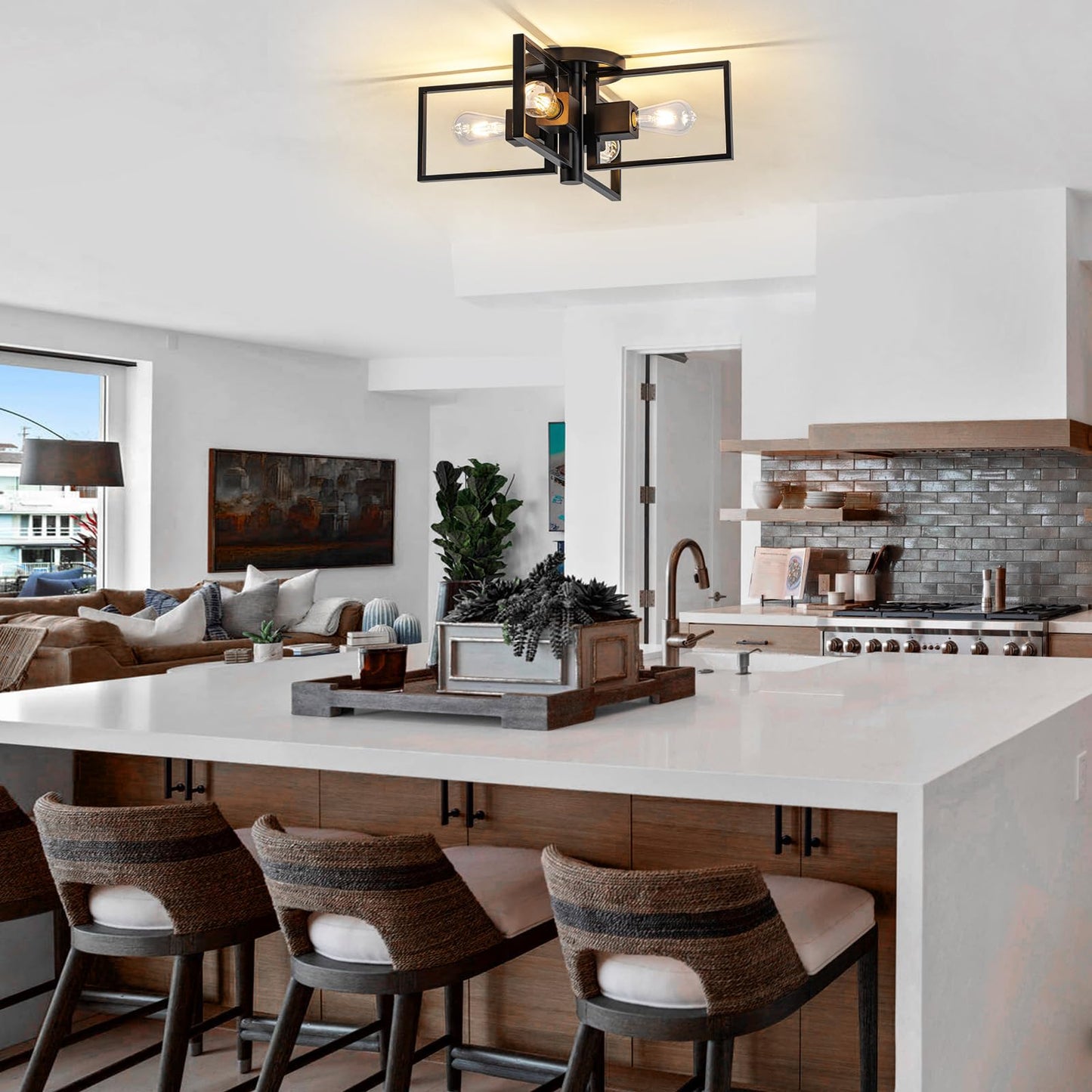 fengkeDU Industrial Ceiling Light Black 4 Light Semi Flush Mount Lights Wood Sputnik Light Fixture 24" Farmhouse Ceiling Light for Kitchen Bedroom Bathroom Foyer Hallway(E26