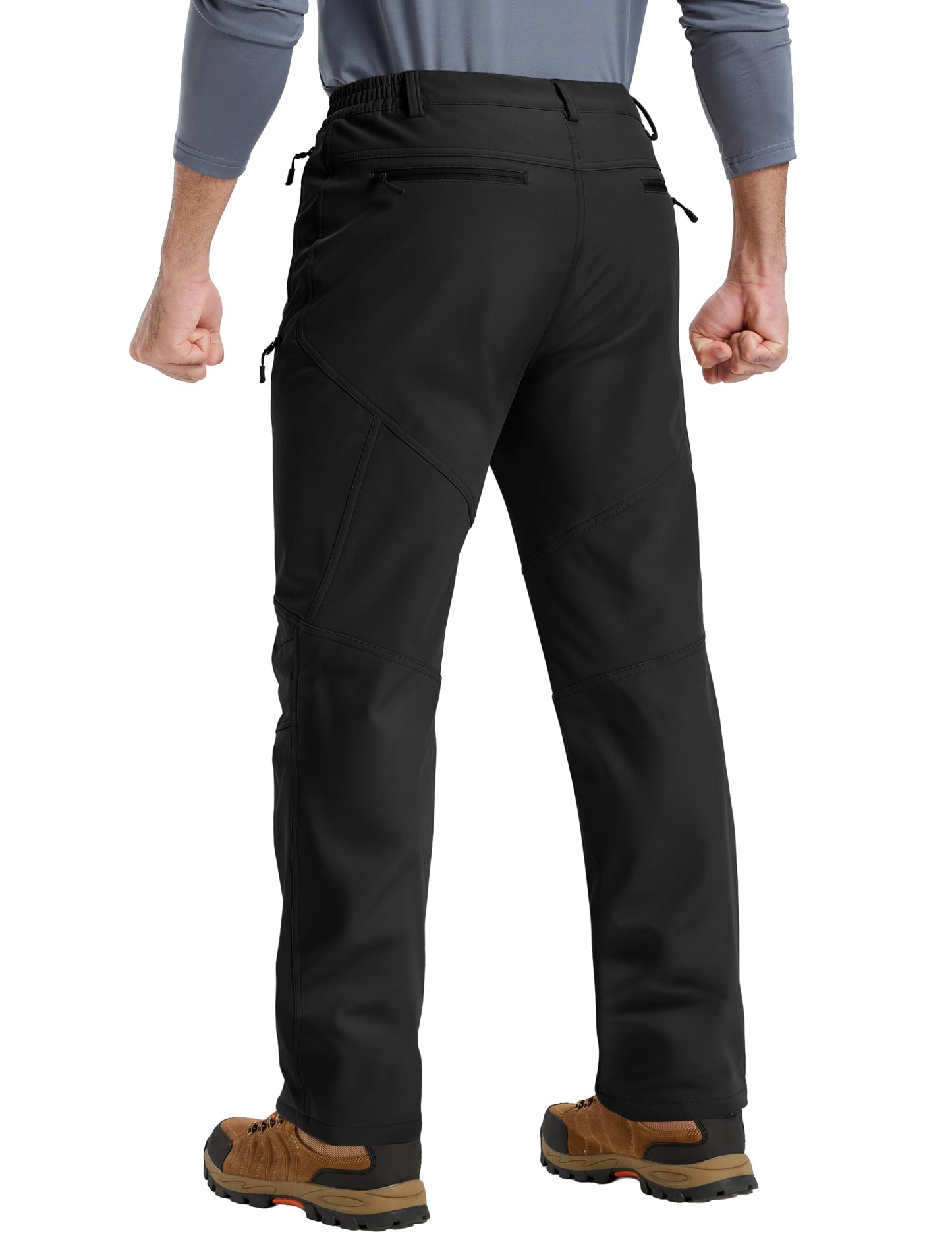 TACVASEN Men's Fleece Lined Hiking Pants Winter Insulated Waterproof Snow Ski Pants Cold Weather Black Cargo Work Trousers with Zipper Pockets