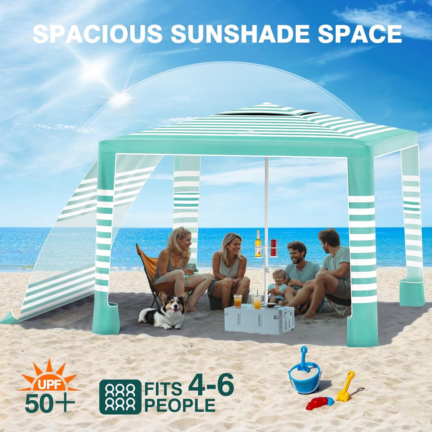 Rhino Valley Beach Tent - 8x8FT UPF50+ Sun Protection Canopy | Easy Setup, Wind Resistant, Green & White