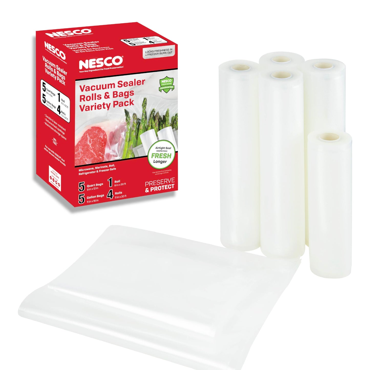 Nesco VS-07V Vacuum Sealer Bag Variety Pack, Bag/Roll Combo, Clear